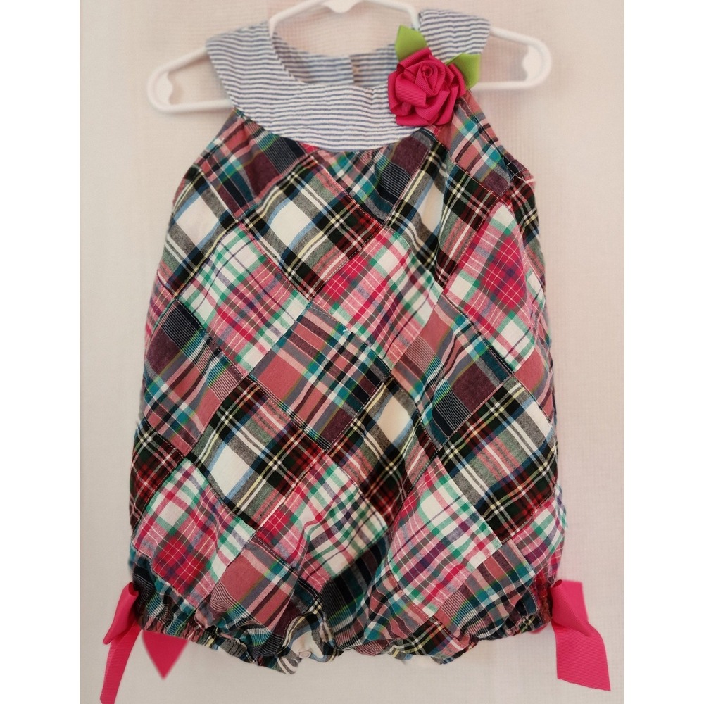 Peaches And Cream Size 24 Months 1 Piece‎ Bubble Pink Plaid Bows, Flower, Snaps
